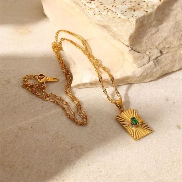 Emerald Green Cubic Zirconia 18K Gold Plated Stainless Steel Pendant Necklace - Picture 8 of 15